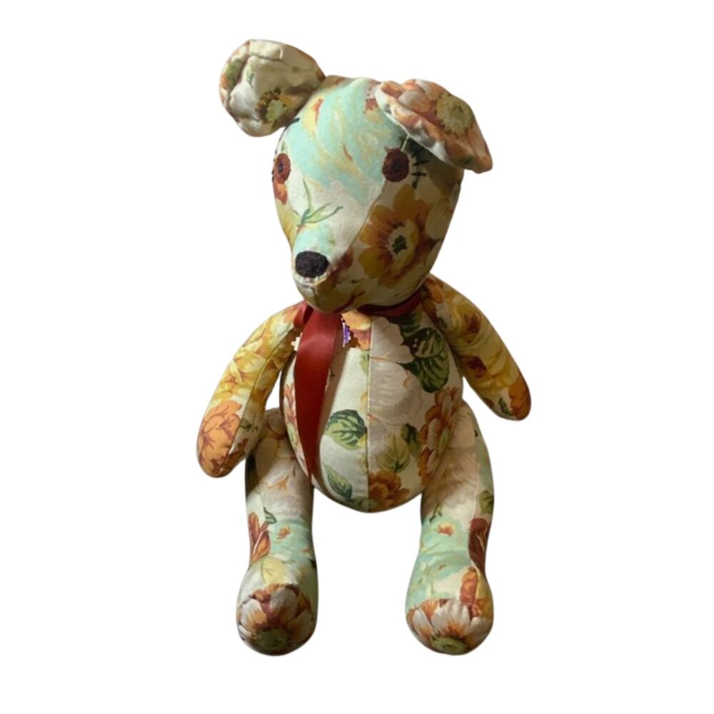 Vintage Handmade Teddy Bear with Button Eyes and Floral Design USED
